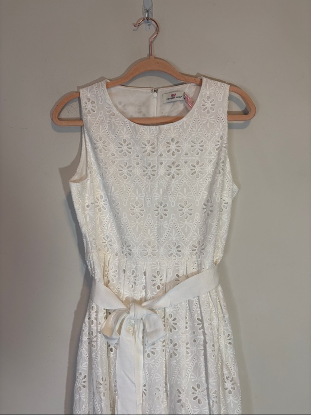 Vineyard Vines White Eyelet Scalloped Hem Maxi Dress with Ribbon Sash Waist Bow